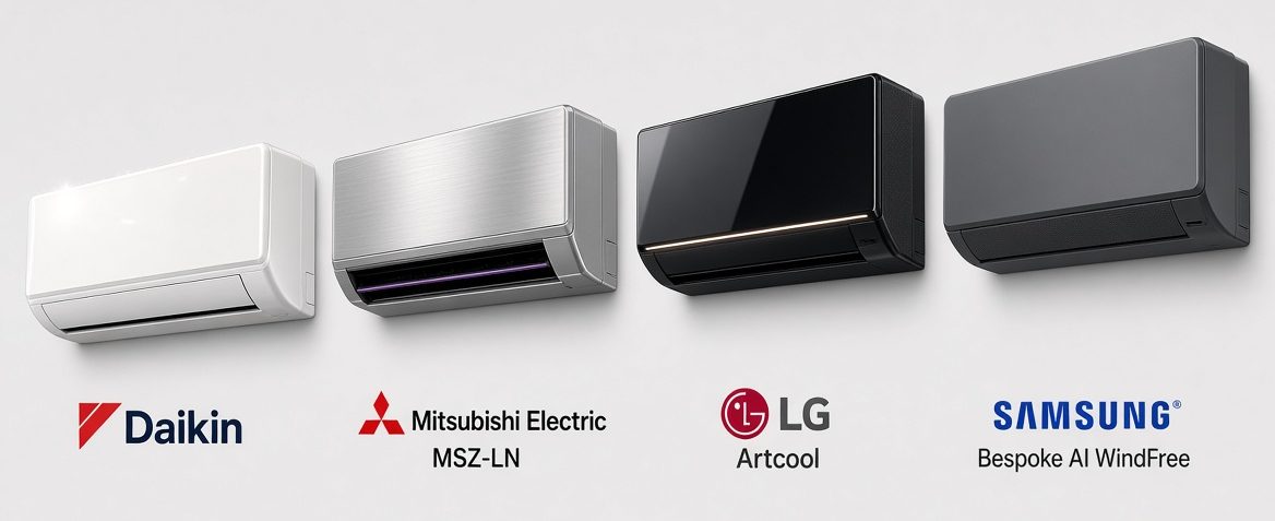 Daikin, Mitsubishi, Samsung and LG air conditioning units in a row